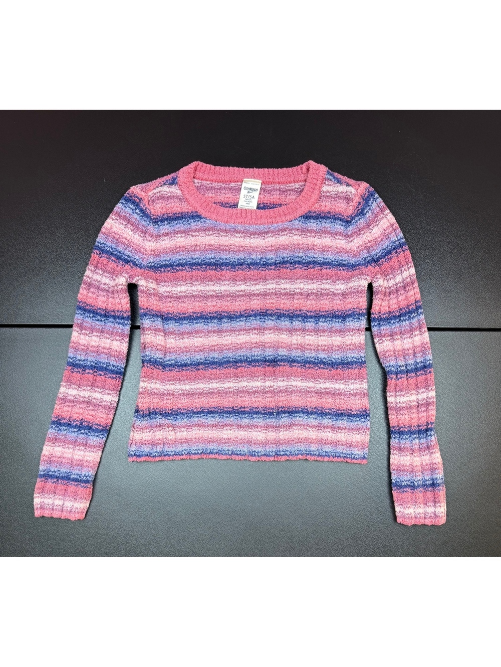 OshKosh B’gosh Girls 5T Fuzzy Striped Sweater Pink Purple Blue Cozy Knit